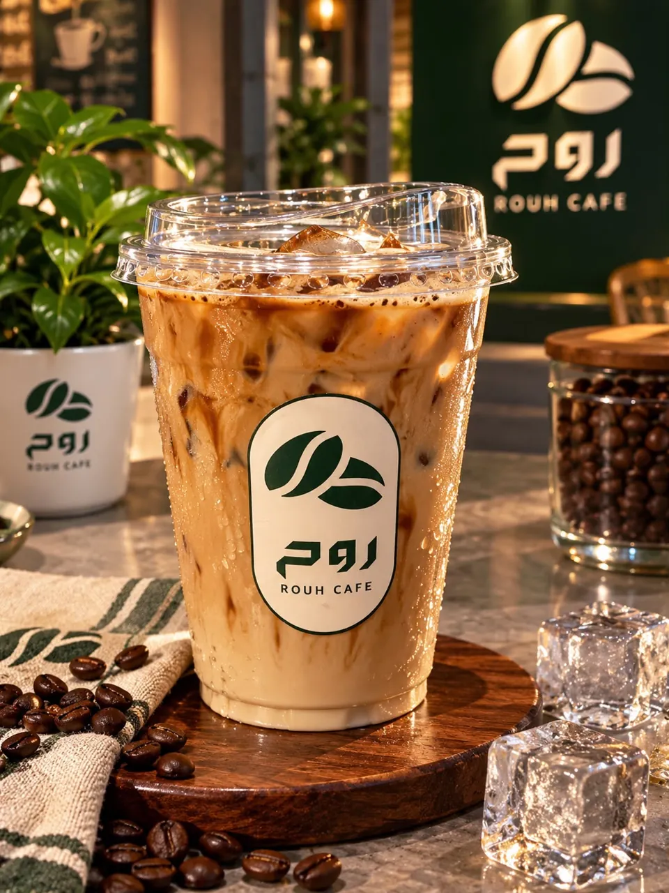 آيس لاتيه بكوب روح كافيه داخل المقهى | Rouh Cafe iced latte in the café